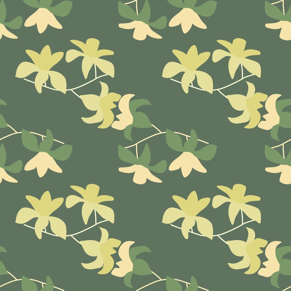 Spring season seamless pattern with yellow random hawaii flowers ornament. Green pale background. vector