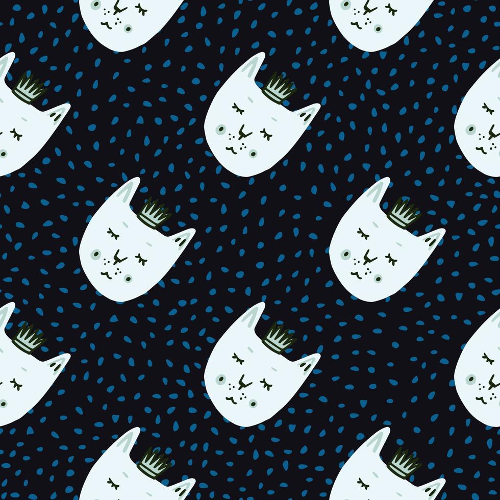 gato con coronas patrón de garabato ingenuo sin costuras. fondo negro con lunares azules y caras blancas estampado de animales. vector
