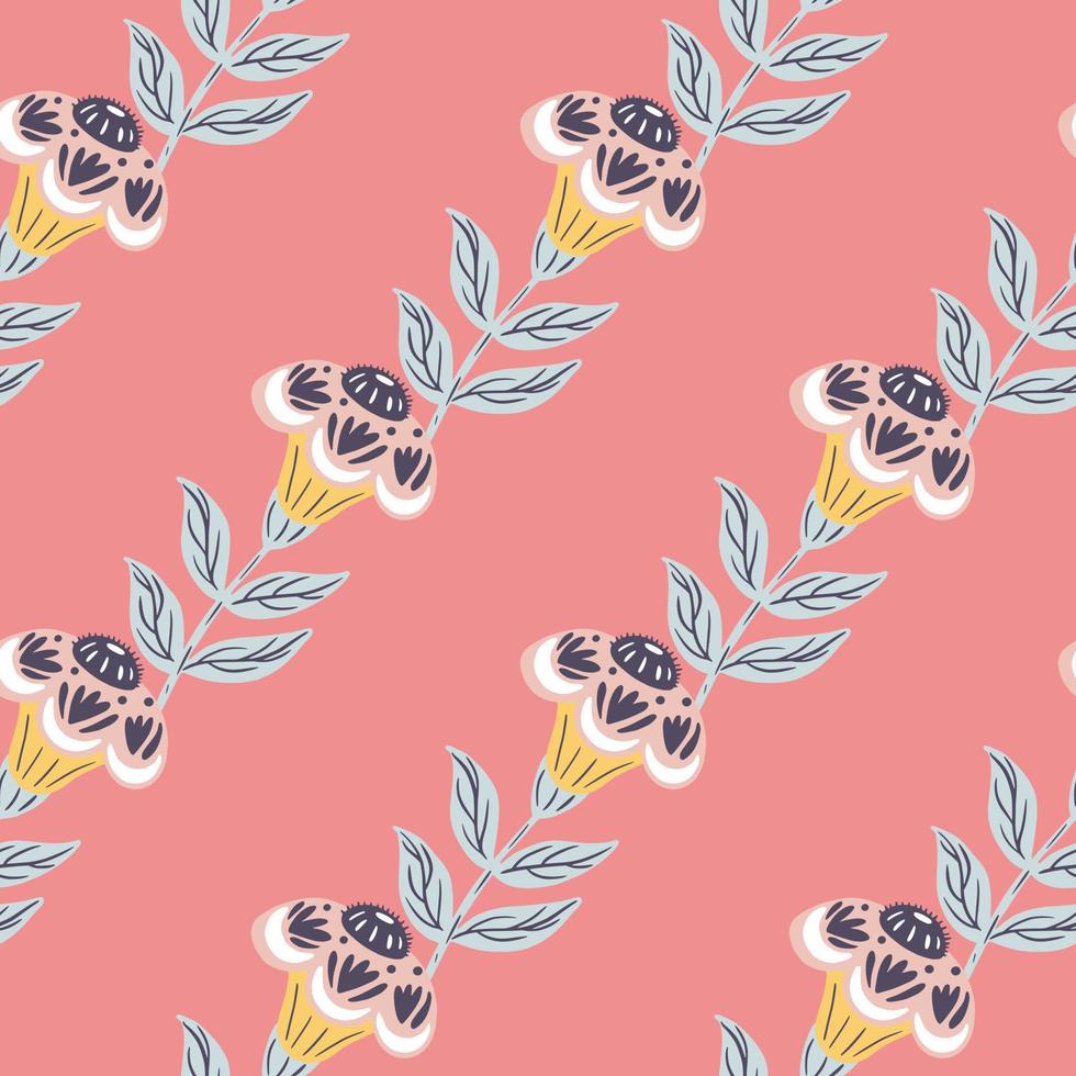 Summer seamless doodle pattern with white and yellow colored folk flowers print. Pink background. vector