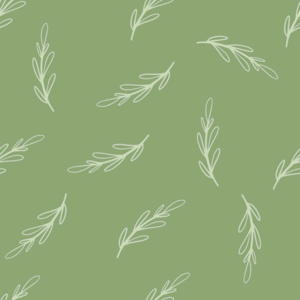 Seamless foliage doodle pattern with random light outline branches elements. Green olive background. vector