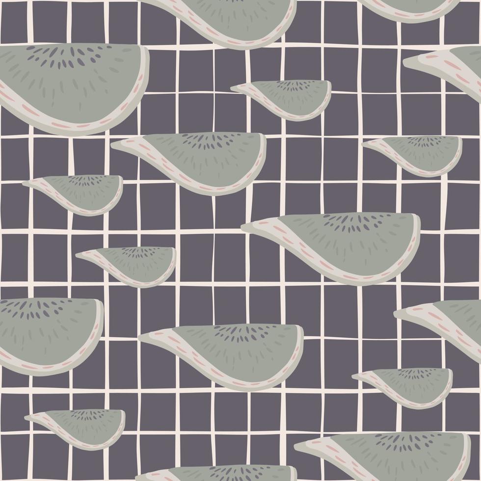 Random seamless pattern with grey simple fig shapes slices. Pale purple chequered background. vector