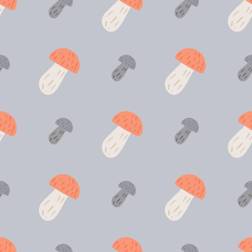 Organic seamless pattern with red mushroom doodle elements. Pastel purple background. vector