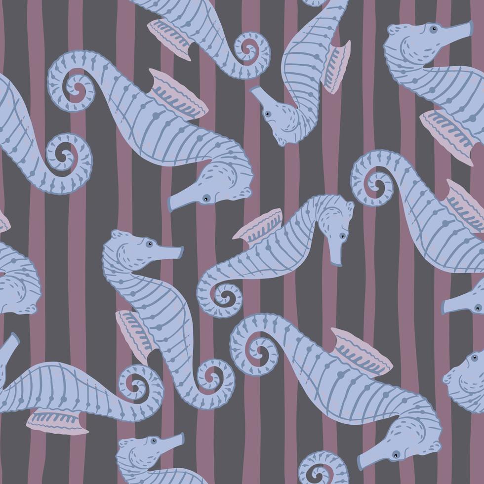 Underwater animal seamless pattern with random blue seahorse silhouettes print. Striped backgroud. vector