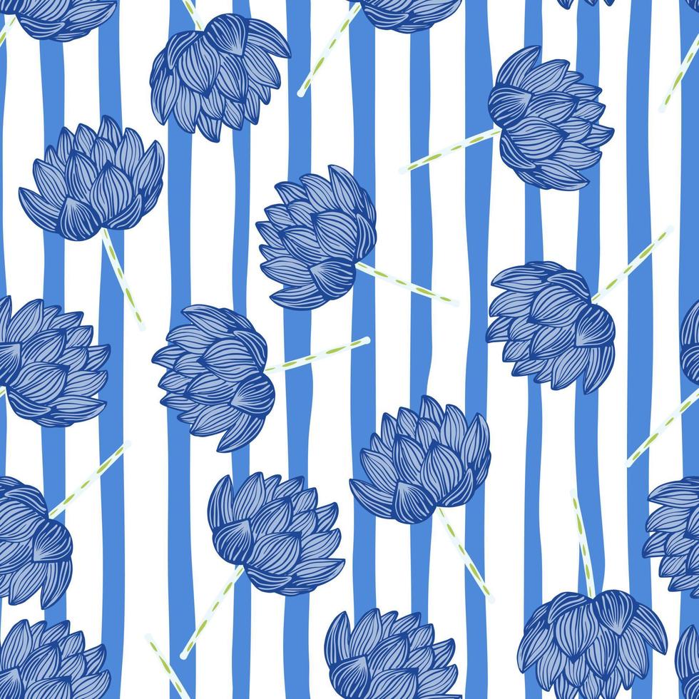 Random bright seamless pattern in asian style with blue lotus elements. White and blue striped background. vector