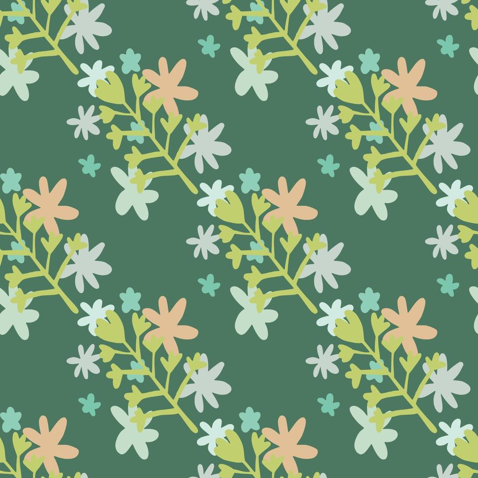 Botanic seamless pattern with green flowers silhouettes and little daisy elements in blue and pink colors. Green background. vector