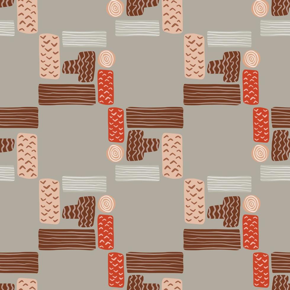 Simple rectangles seamless pattern. Geometry figures in brown, red and grey colors on soft grey background. vector
