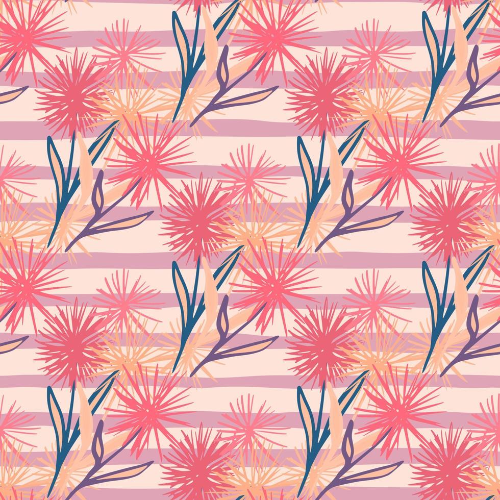 Seamless pattern with dandelion abstract silhouettes. Pink flowers bouquet on purple light stripped background. vector