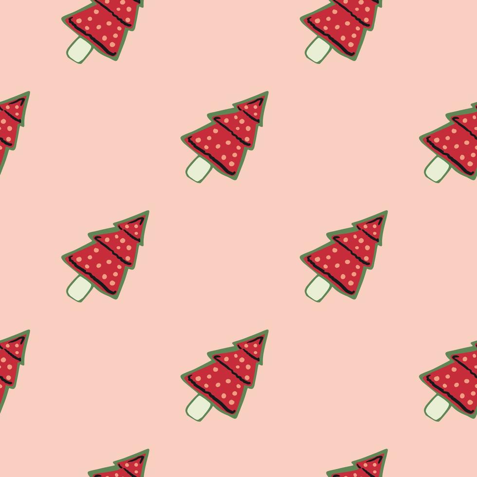 patrón sin costuras de galletas de año nuevo con puntos rojos. siluetas de invierno de abeto sobre fondo rosa claro. vector
