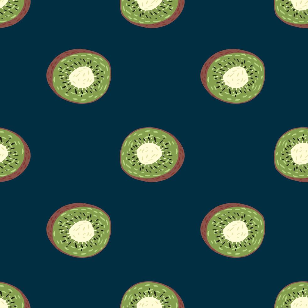Minimalistic seamless pattern with green kiwi silhouettes. Simple fruit ornament on navy blue background. vector