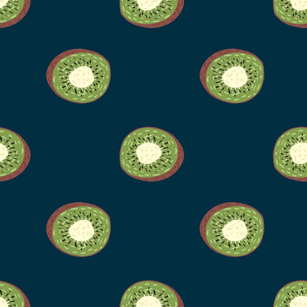 patrón minimalista sin costuras con siluetas de kiwi verde. simple adorno de frutas sobre fondo azul marino. vector