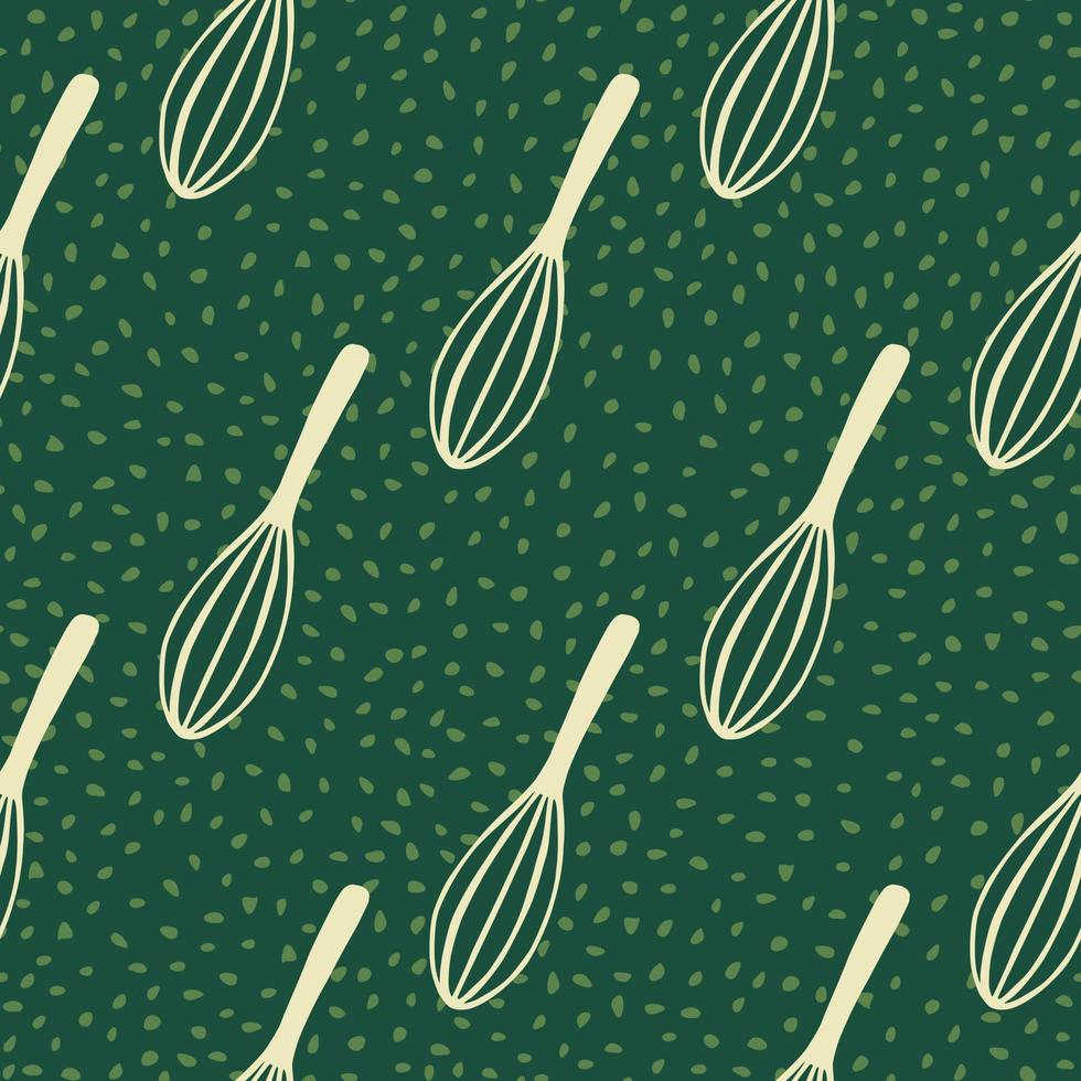 Light yellow kitchen corolla silhouettes seamless pattern. Mixing cooking tools artwork with green dotted background. vector