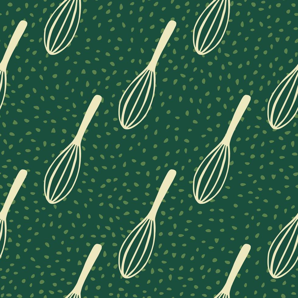 cocina amarilla clara corolla siluetas patrón sin costuras. mezclando ilustraciones de herramientas de cocina con fondo verde punteado. vector