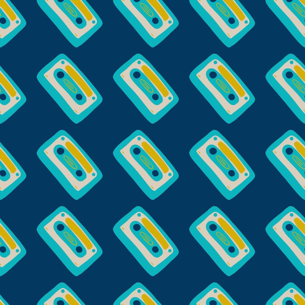 Music disco seamless pattern with cassettes. Navy colored background with yellow and blue ornament. vector