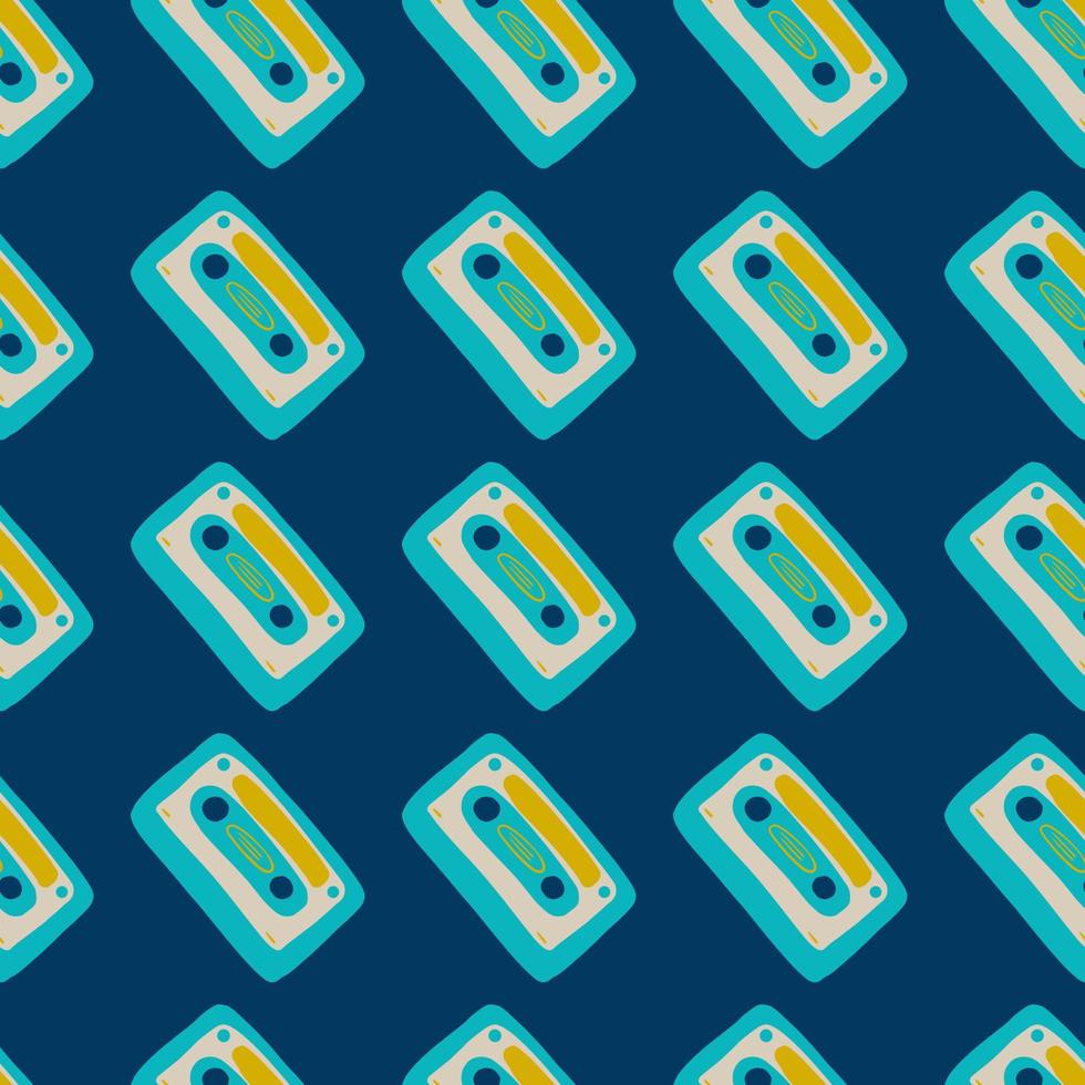 Music disco seamless pattern with cassettes. Navy colored background with yellow and blue ornament. vector