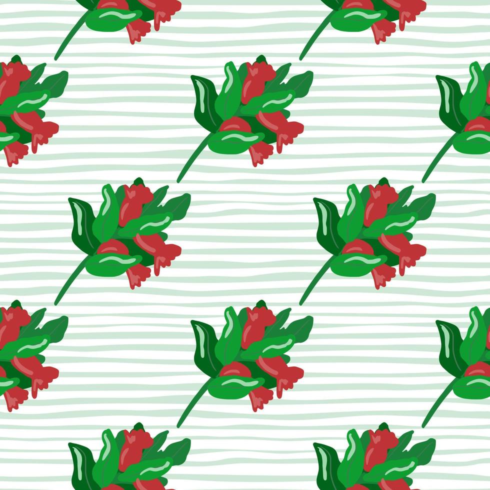 Bright christmas print seamless pattern with holly berry branches. Red and green xmas ornament on stripped light background. vector