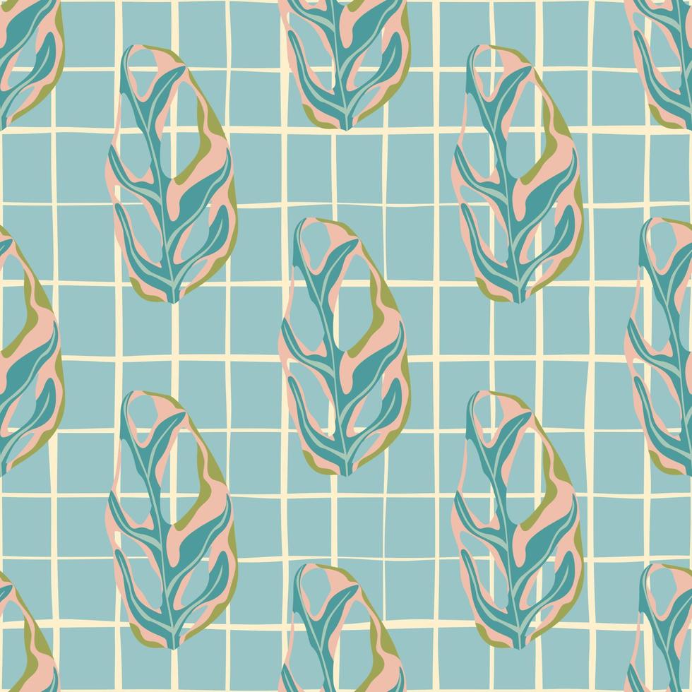 Light pastel blue seamless pattern with hand drawn monstera leaf ornament. Chequered background. Tender palette tones print. vector