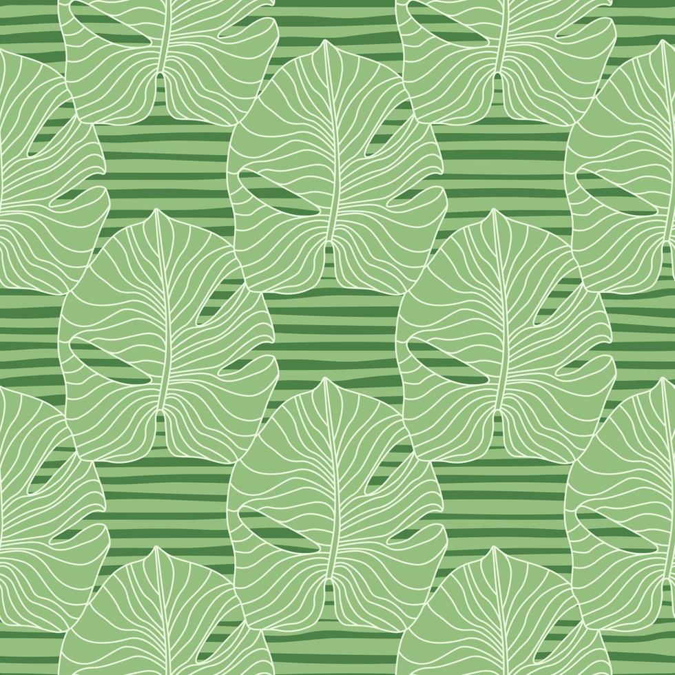 Vintage seamless floral pattern with outline monstera simple ornament. Exotic foliage silhouettes on green striped background. vector