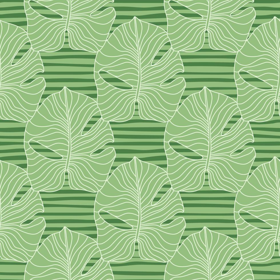 patrón floral sin costura vintage con adorno simple de monstera de contorno. siluetas de follaje exótico sobre fondo de rayas verdes. vector