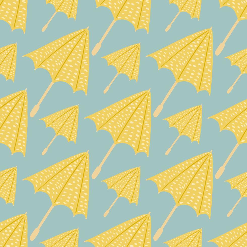 Accessory seamless pattern with yellow umbrellas. Blue background. Season rainy print. vector