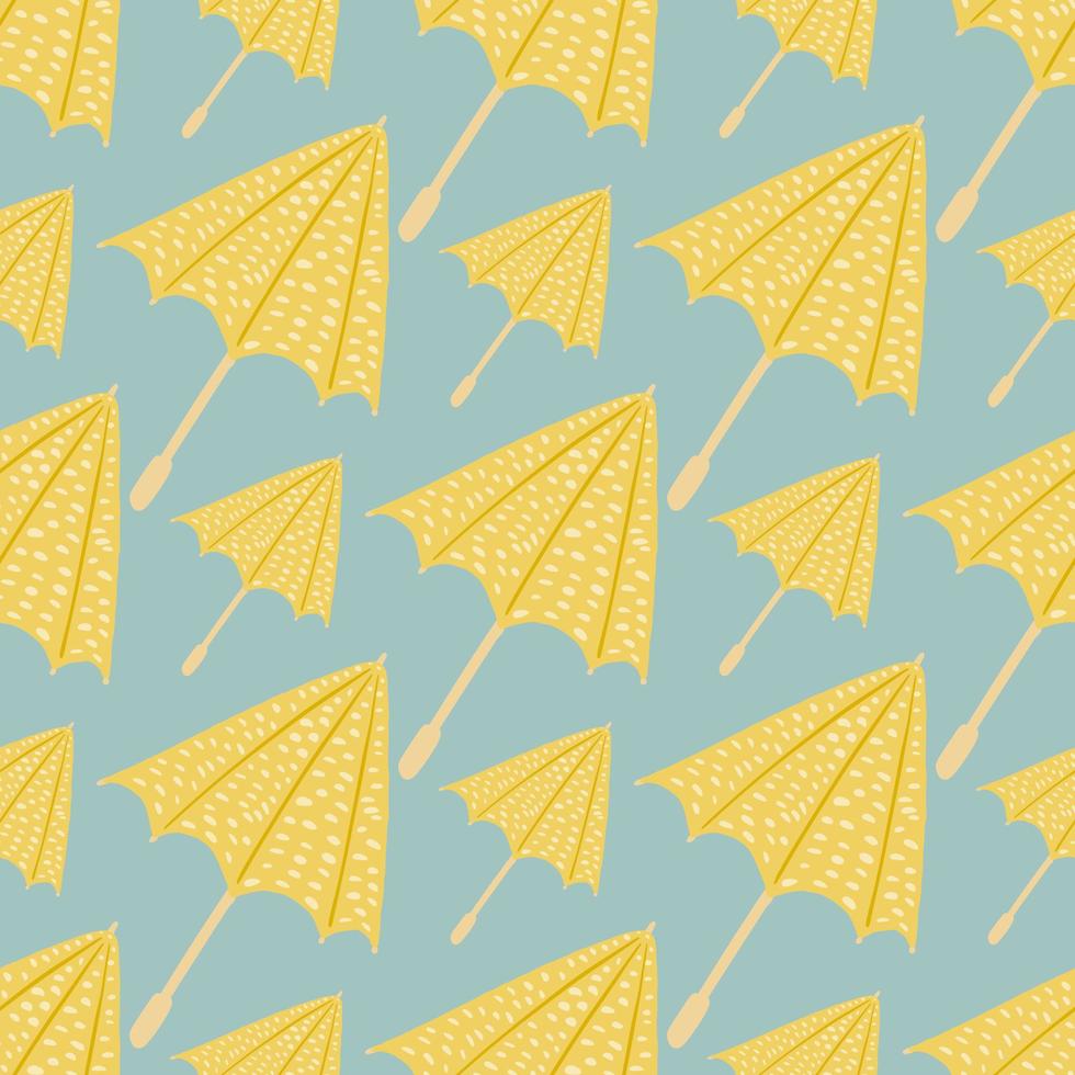 Accessory seamless pattern with yellow umbrellas. Blue background. Season rainy print. vector