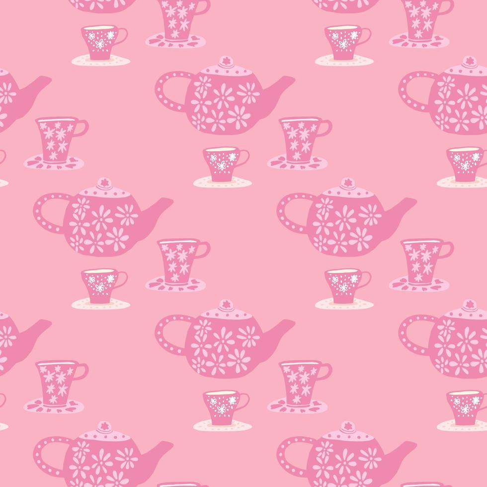 Traditional seamless pattern with doodle tea ceremony elements. Pink palette cafe print. vector