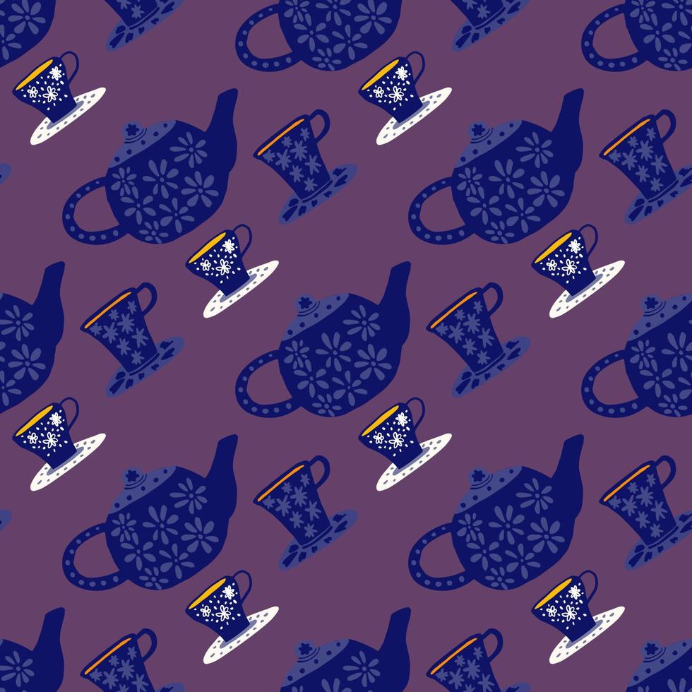 Dark seamless tea ceremony pattern. Doodle elements in navy blue color on purple background. vector