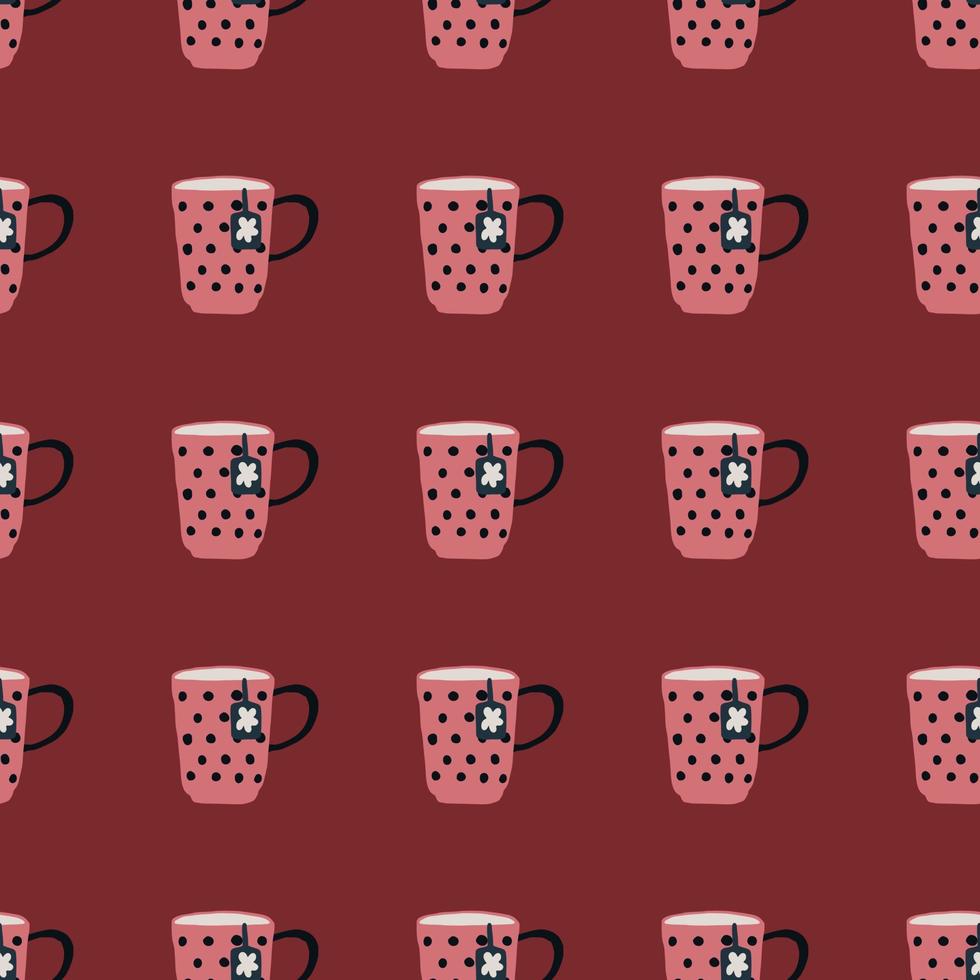 tazas de té de hierbas rosas con un patrón sin costuras de adorno de punto. fondo granate. ilustraciones estilizadas dibujadas a mano. vector