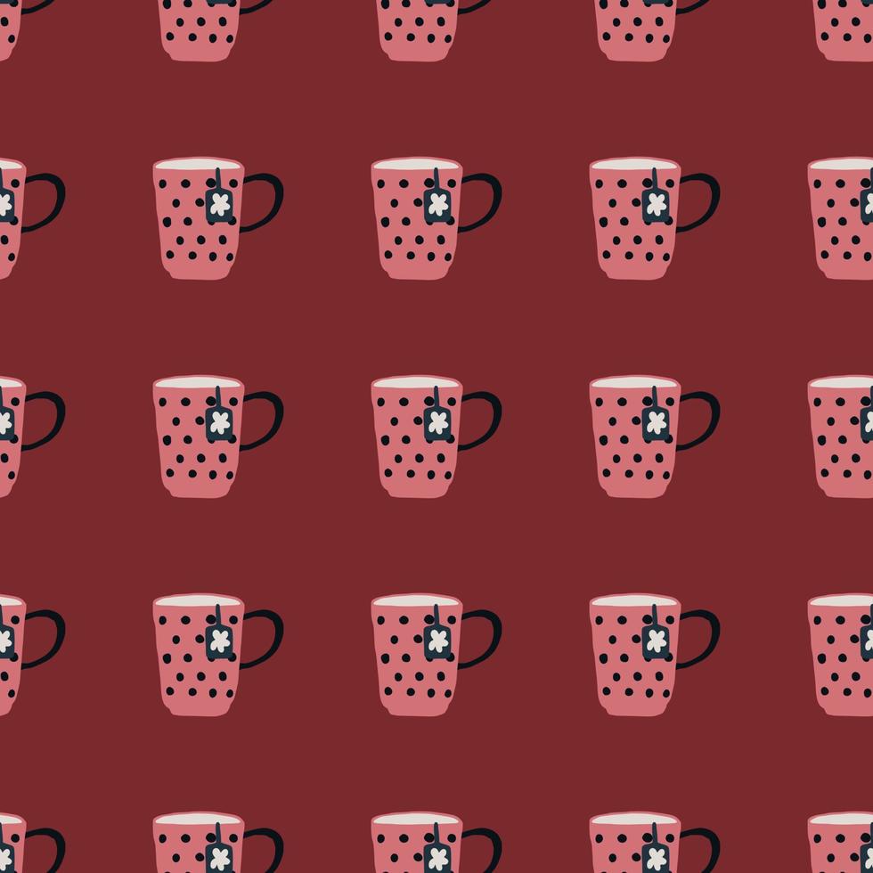 Pink herbal tea cups with dot ornament seamless pattern. Maroon background. Hand drawn stylized artwork. vector