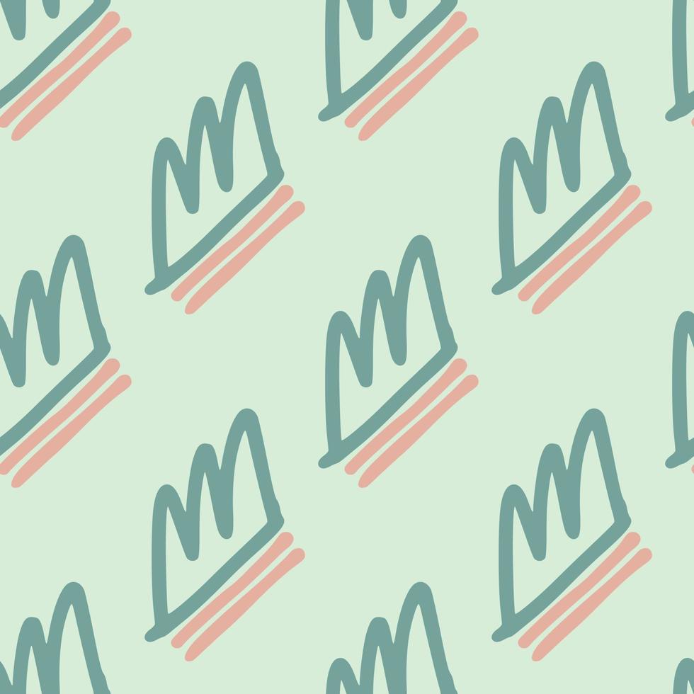 Crown pastel ornament seamless pattern. Light background, outline elements and pink lines. Hand drawn artwork. vector