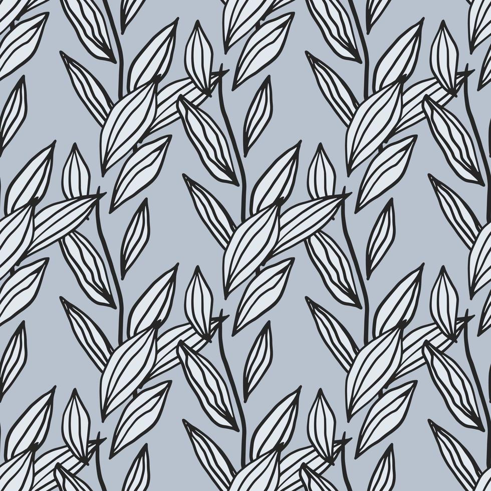 Seamless pattern with contoured white leaves ornament. Light blue background. Simple backdrop. vector