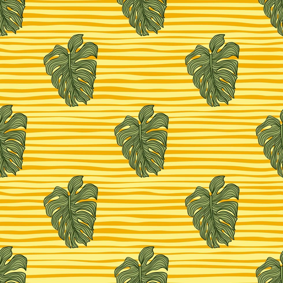 Geometric monstera leaves silhouette seamless pattern on yellow stripes background. vector