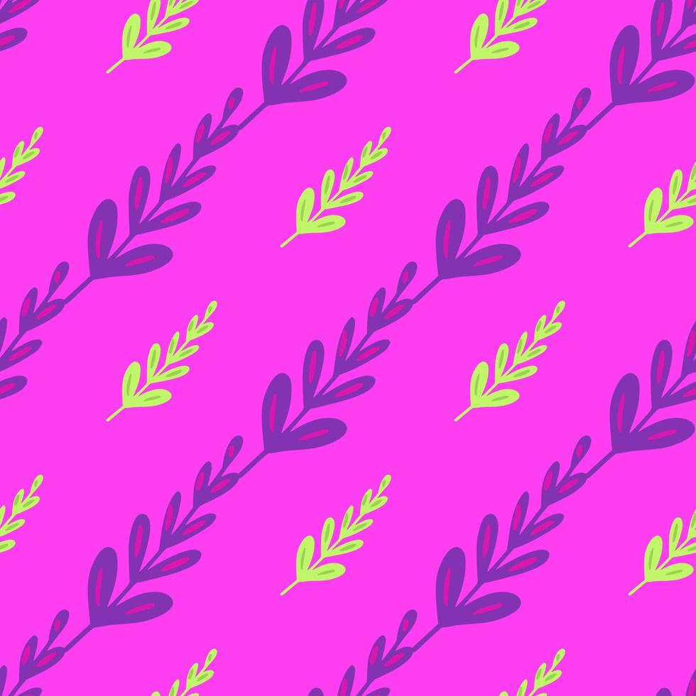 Scrapbook seamless pattern with purple and green bright leaves branches ornament. Pink background. vector