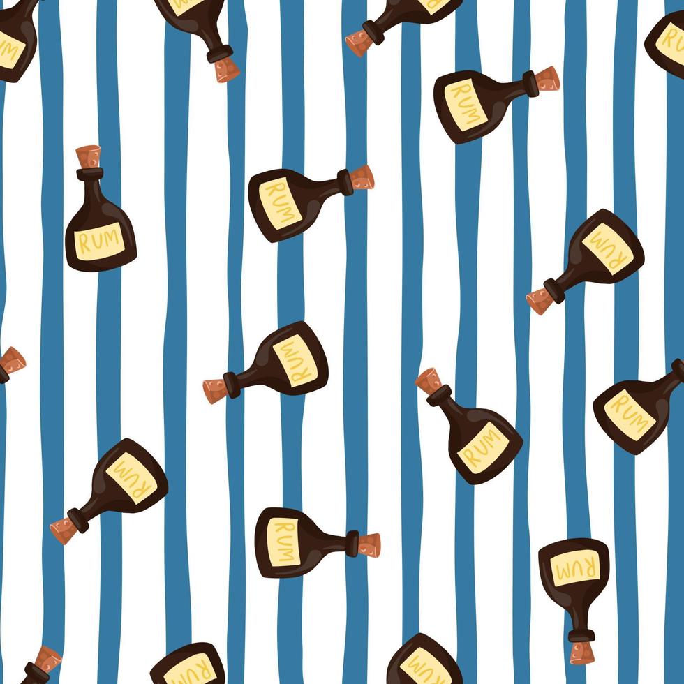 Rum bottle seamless pattern on blue stripe background. Pirate drink wallpaper. vector