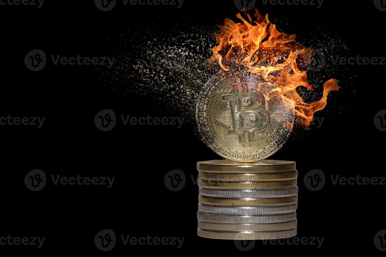 stack of many valueable burning decomposes and dissolves bitcoin from crypto currency with black photo