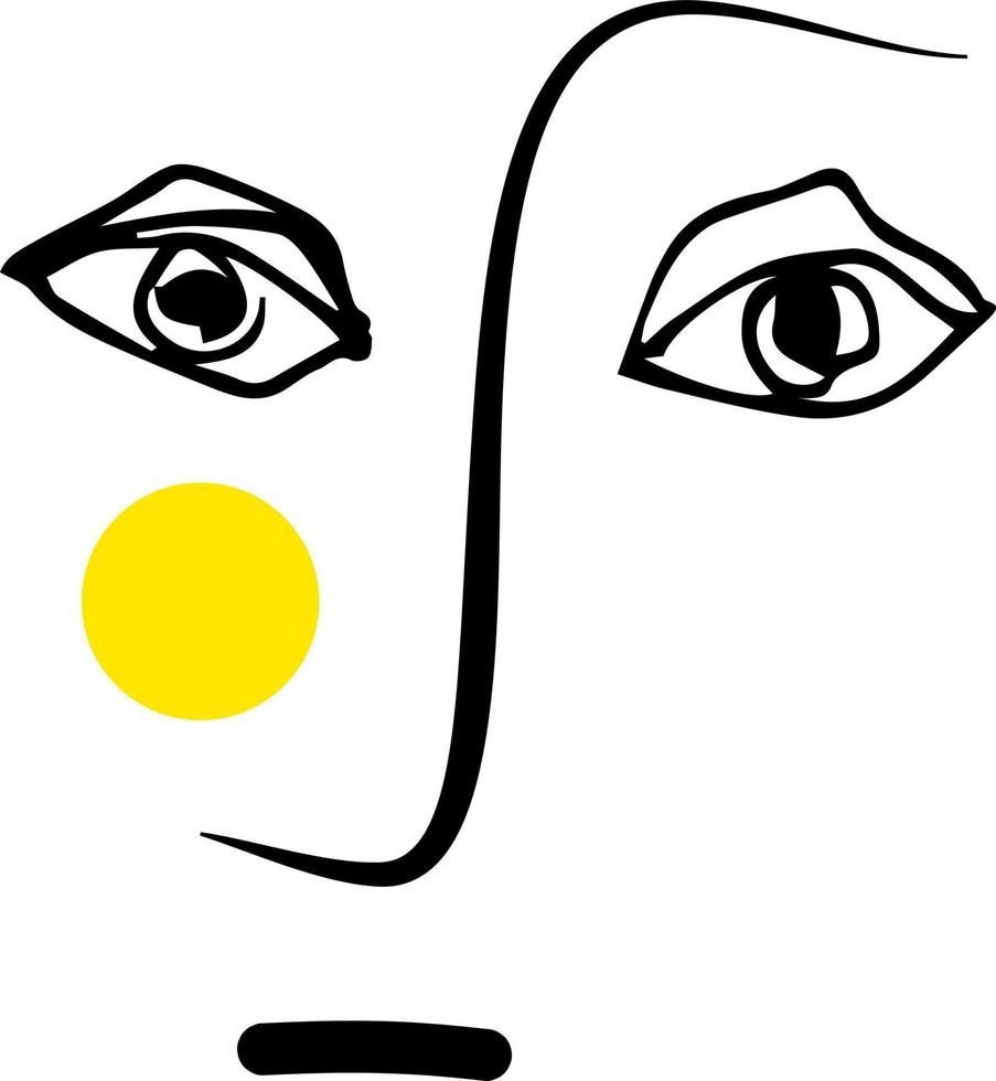 Simple art design concept with a human face and bright yellow circle. Hand drawn portrait line-art minimalist minimalistic elegant style in black and white. Vector illustration