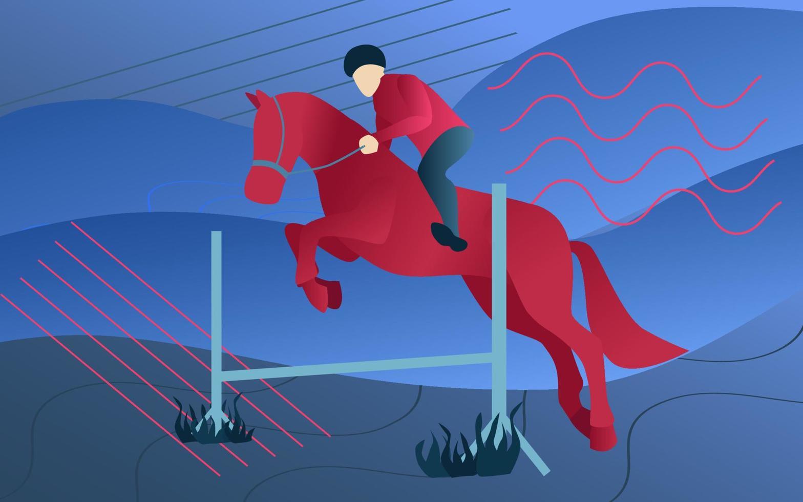 Vector illustration equestrian sport. Jockey with horse jumping over the bar.