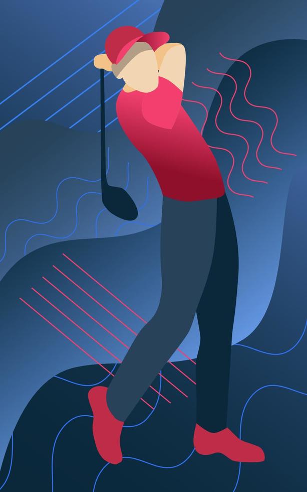 Simple vector illustration in flat style with golf man. In crimson red and dark blue colors.