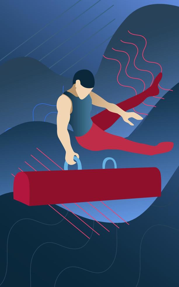 Vector illustration in minimalist flat style. Men's artistic gymnastics. A man is training or competing in some championship.