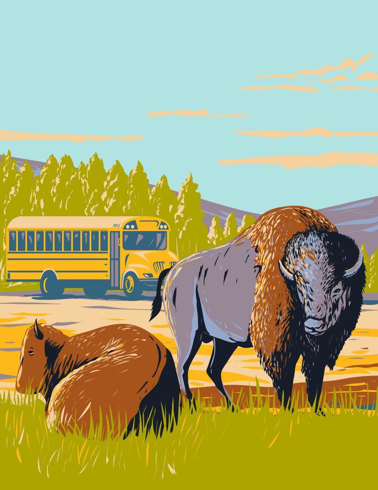 Wildlife Bus Tour and Bison in the Prairie of Yellowstone National Park Wyoming WPA Poster Art vector