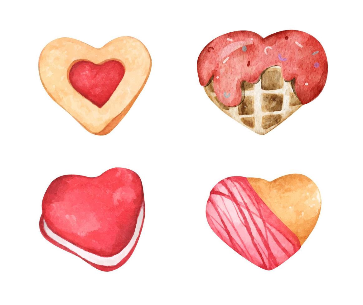 Set of heart shaped desserts. Watercolor illustration. Valentine's day. vector