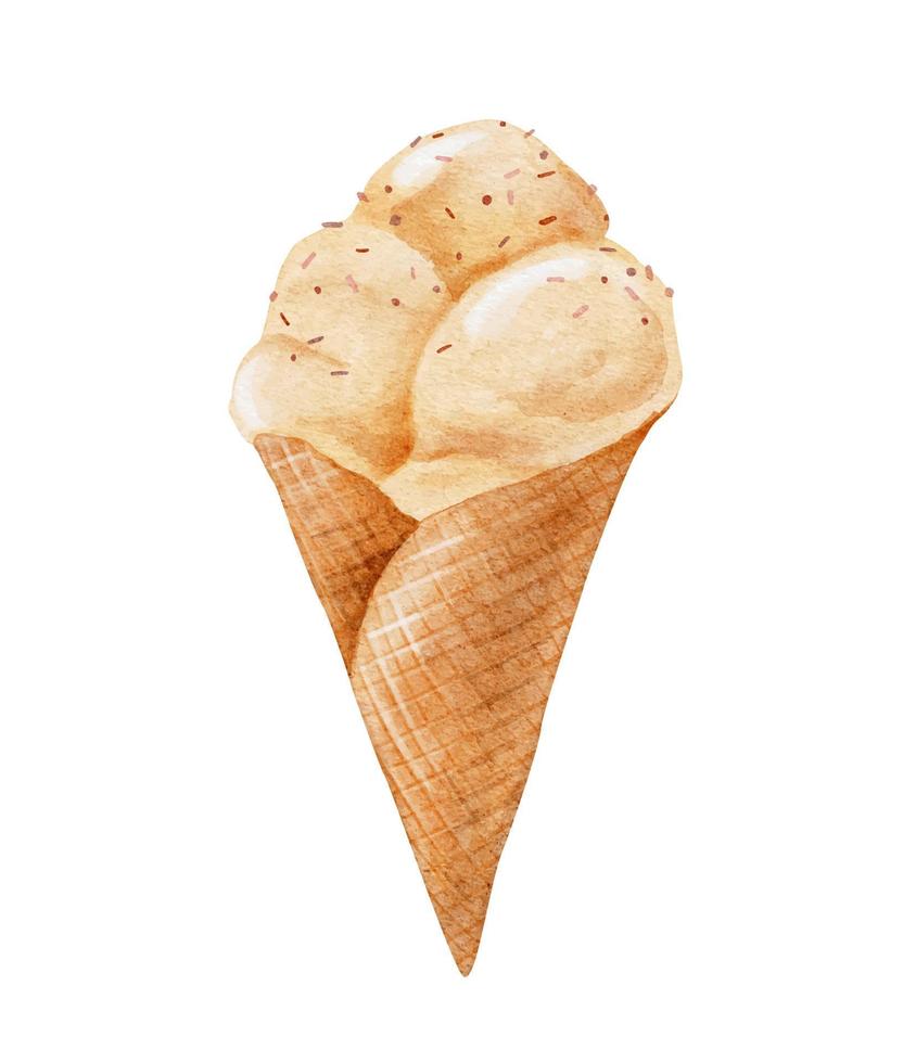 Ice cream in waffle cone. Watercolor illustration. vector