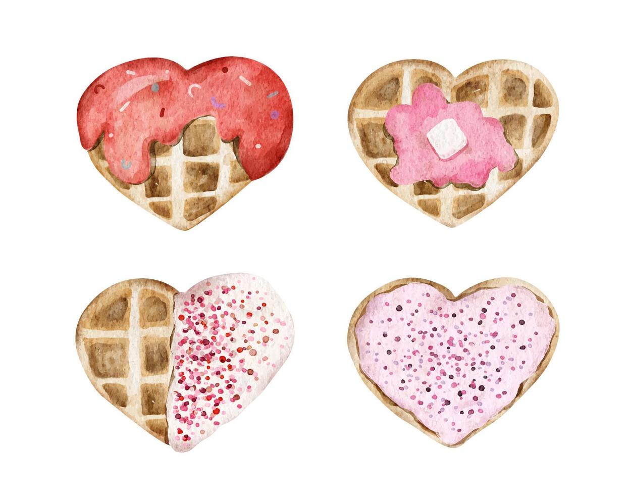 Set of heart shaped desserts. Watercolor illustration. vector