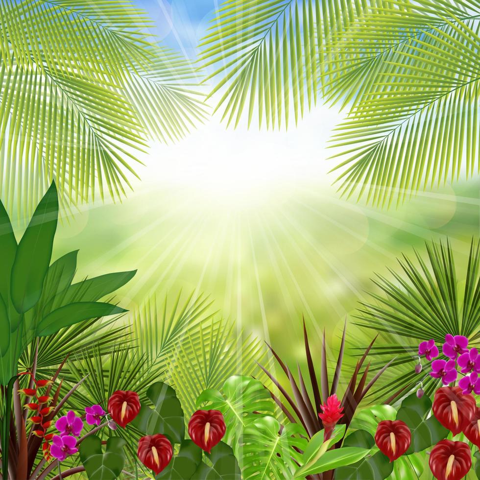 Beautiful in the morning with a tree and flowers. Vector illustration