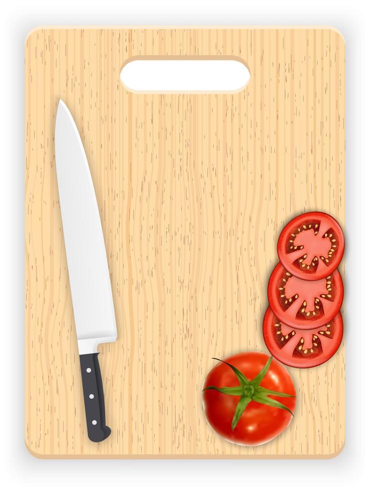 Red tomato slices and knife on the chopping board vector