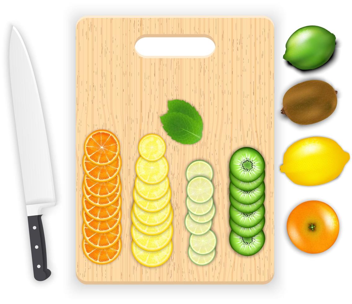 Lemon, leaf and cucumber slices and knife on the chopping board vector