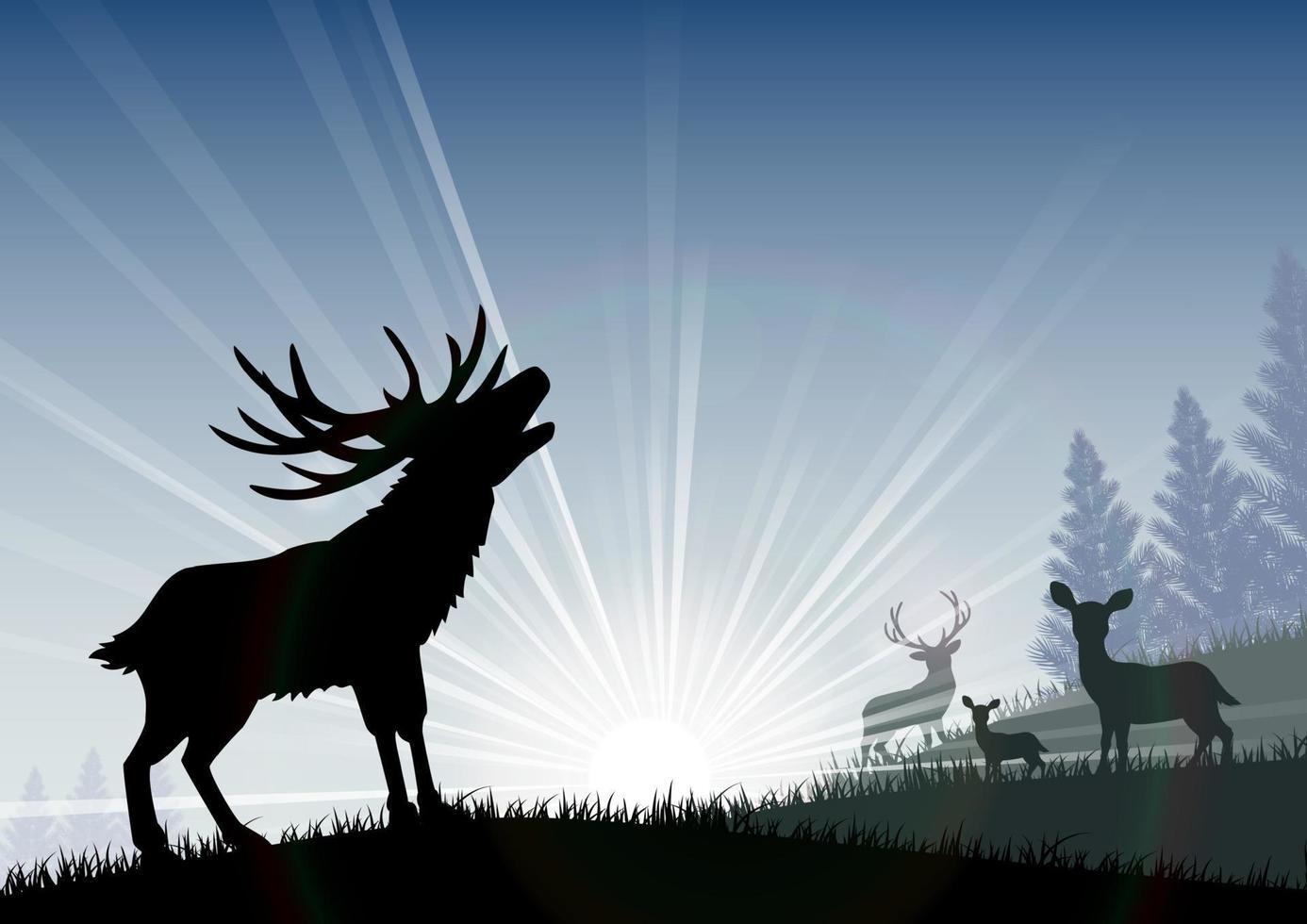 Silhouette of a family deer standing on the time of morning. vector