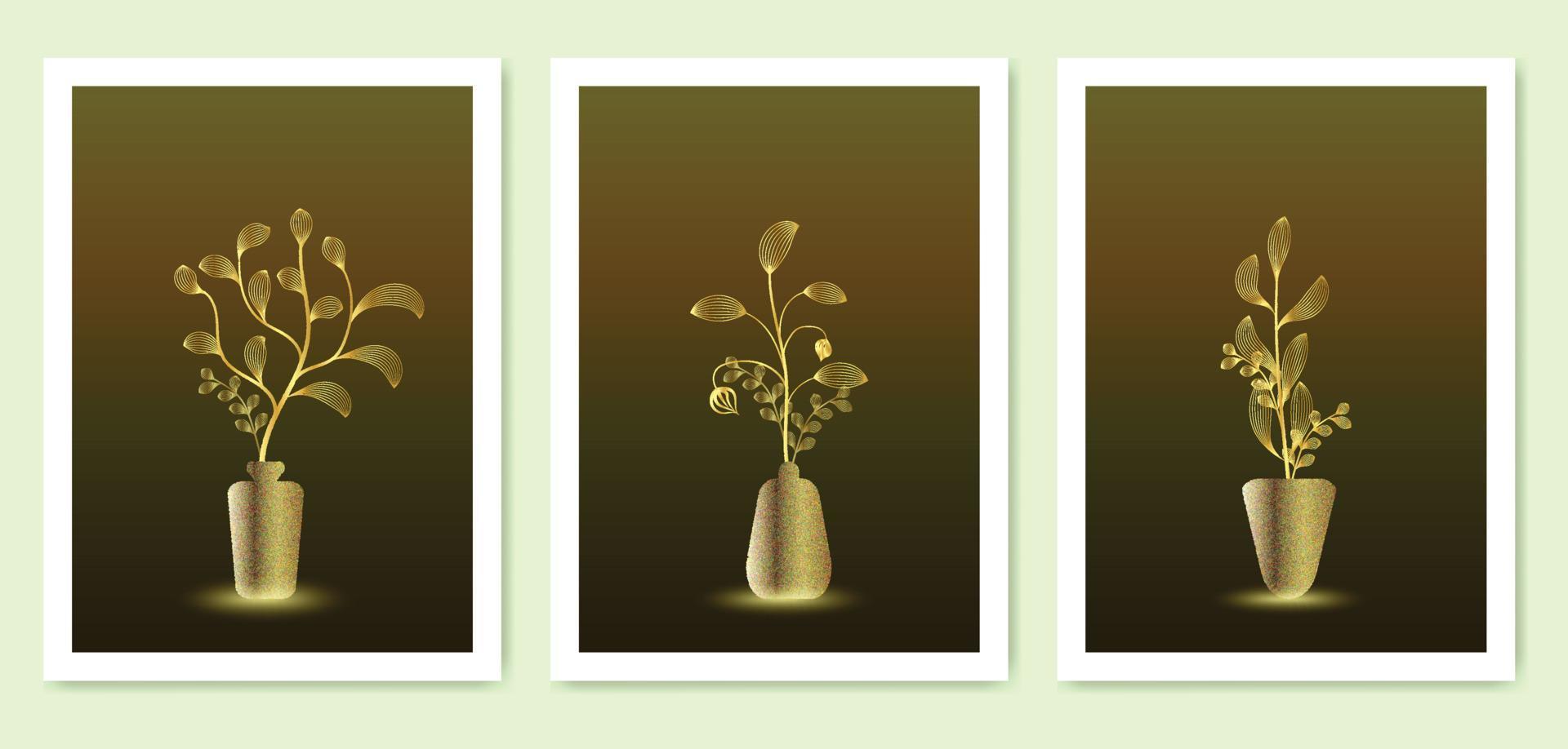 collection of luxury botanical line art with vase. gold leaf design. use for print art, covers, posters, wall art vector