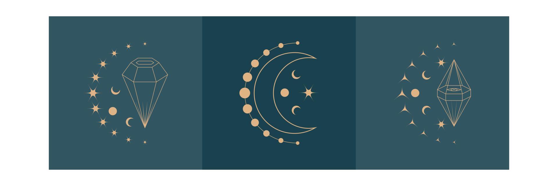 collection of diamond and crescent monoline logo in boho style vector