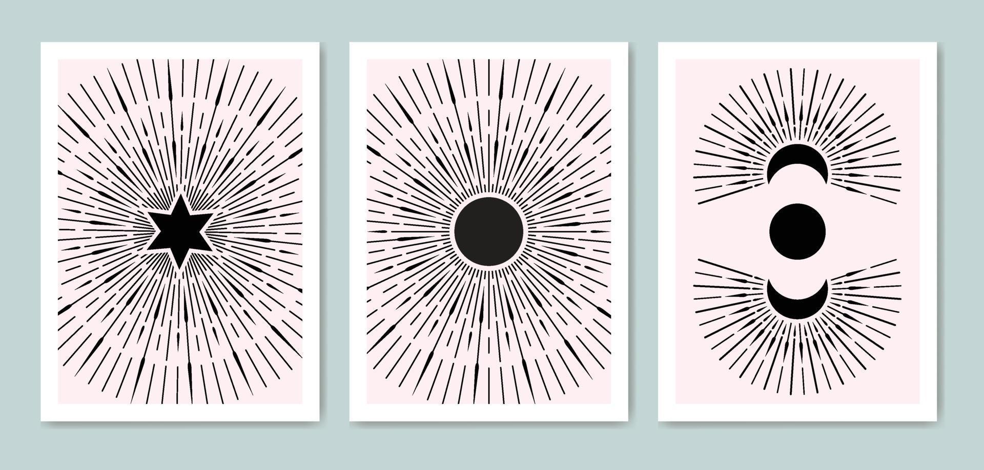 collection of Boho sun, moon, star in minimalist mid century modern art vector