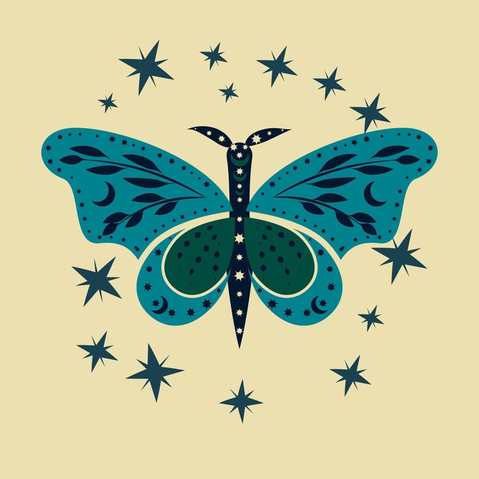 celestial butterfly boho with floral, half moon and stars vector